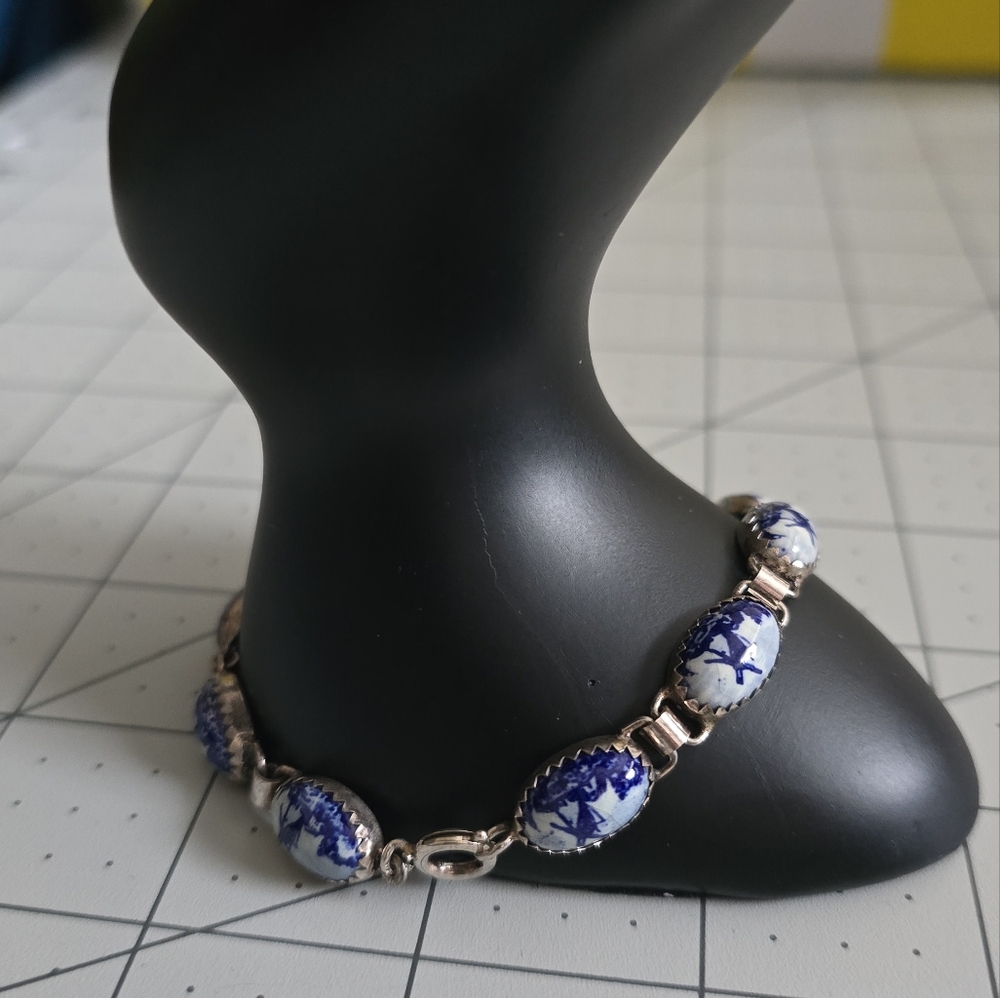 Elegant Blue and White Beaded/Sterling Silver Windmill  Bracelet